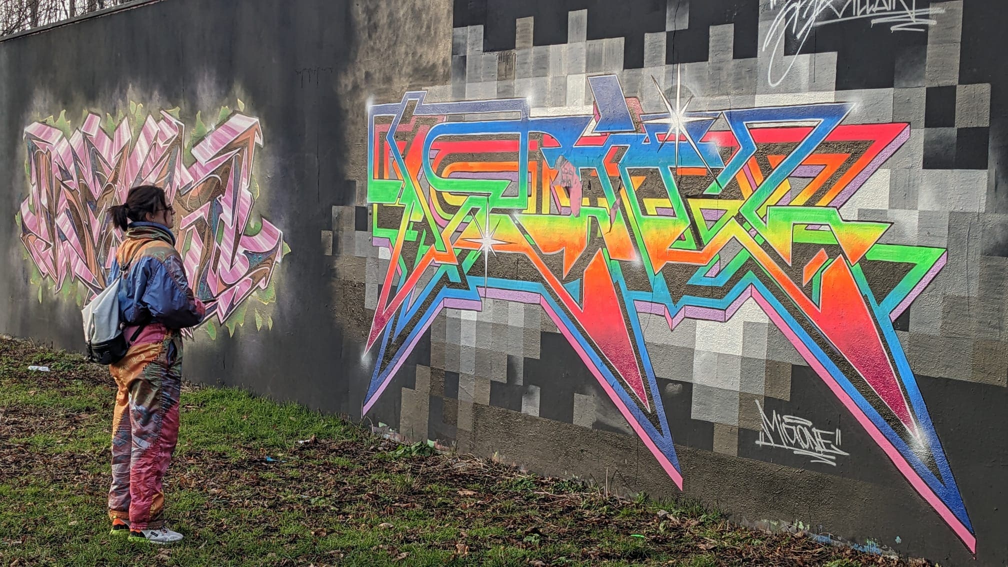 junge Grau schaut Graffitti an