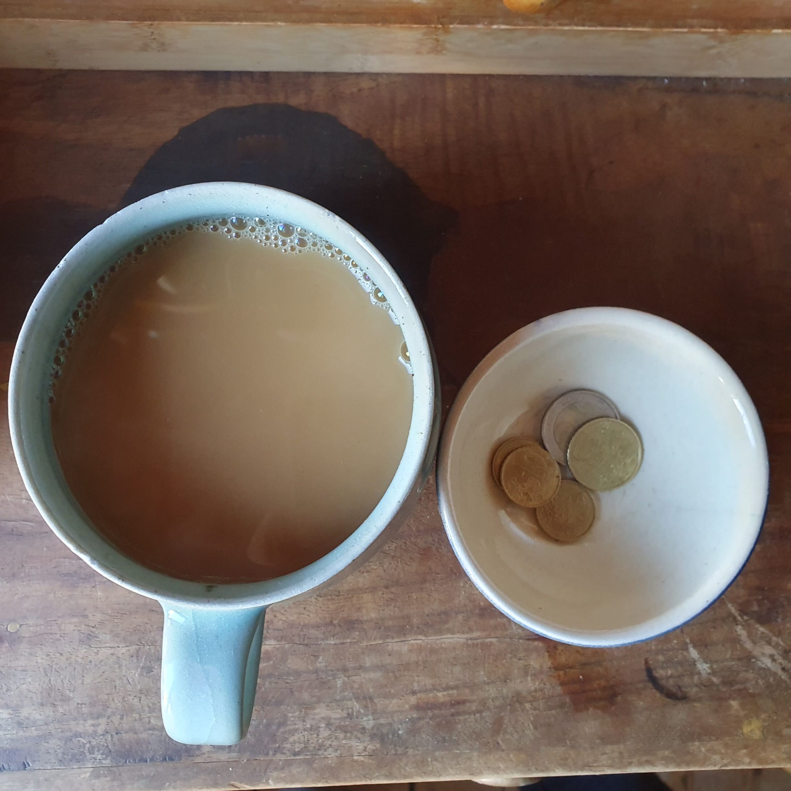 Kaffeetasse und Münzen in einer Schale